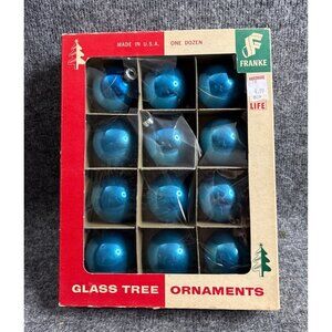 Vintage Franke Blue Glass Tree Ornaments One Dozen Made In USA